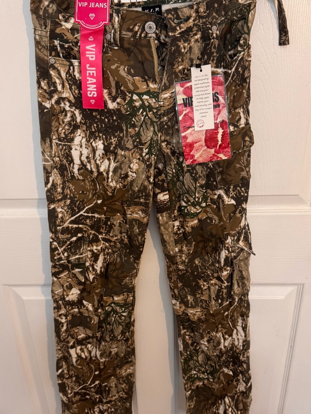 VIP Women Straight Leg Camo Jeans in Olive Brown and White